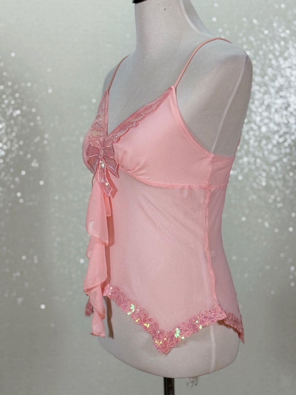 Y2K Pink Sheer Mesh Camisole Top Sequin Bow Lace Trim Fairycore Babydoll - Picture 6 of 12